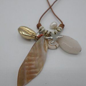 Necklace with Shells Silver Tone And Gold Tone Charms 31" Leather Cord